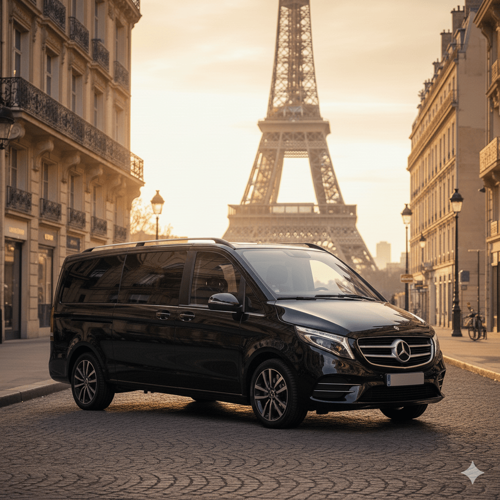 Luxury Mercedes-Benz V-Class chauffeur vehicle in Paris near the Eiffel Tower Luxury Mercedes-Benz V-Class chauffeur vehicle in Paris near the Eiffel Tower
