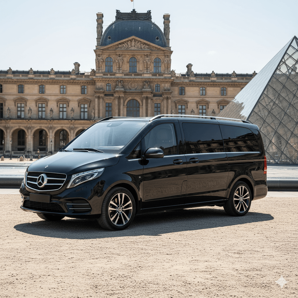 Mercedes-Benz V-Class luxury chauffeur vehicle near the Louvre Museum in Paris