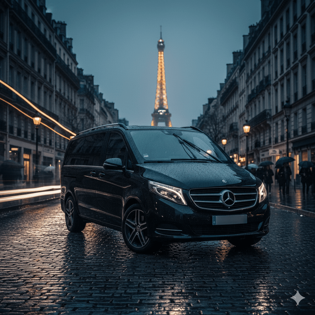 Mercedes-Benz V-Class night chauffeur vehicle at Place de la Concorde in Paris