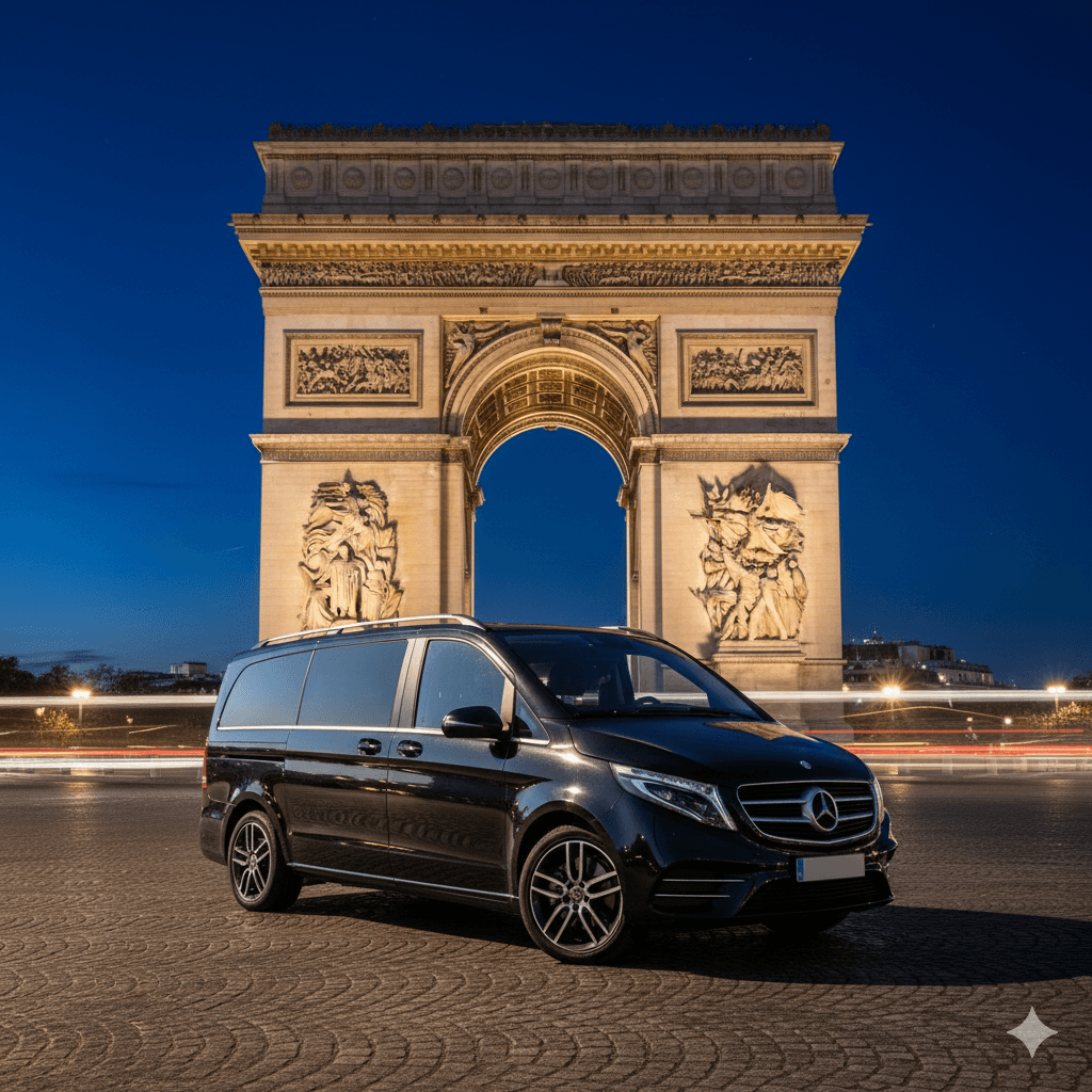 Mercedes-Benz V-Class night chauffeur vehicle near the Arc de Triomphe in Paris