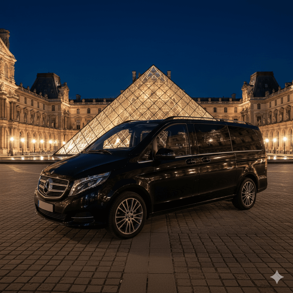 Mercedes-Benz V-Class night chauffeur vehicle near the Louvre Museum in Paris